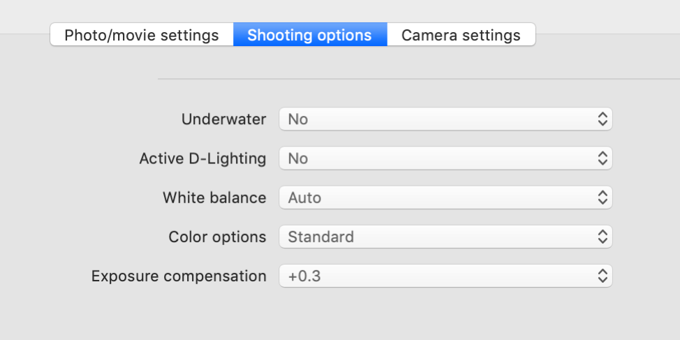 Shooting options tab