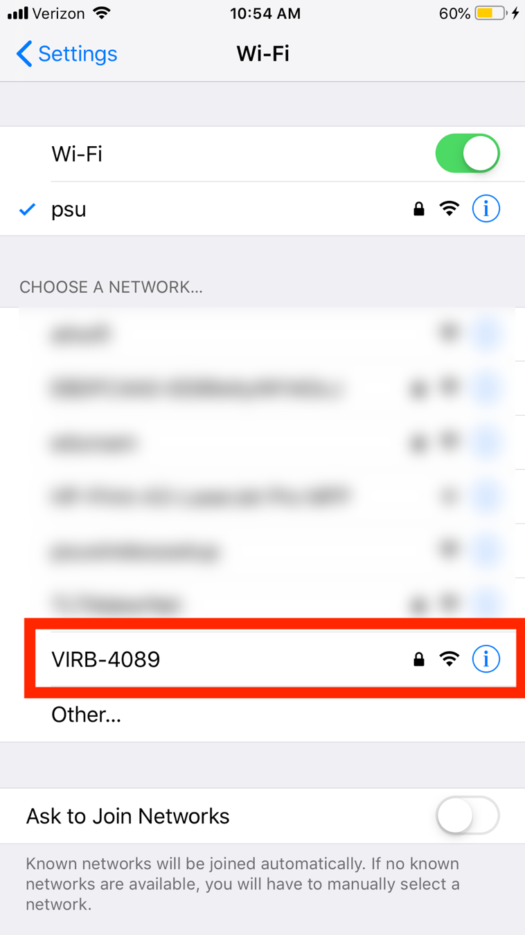 VIRB wifi in available networks list on a smartphone