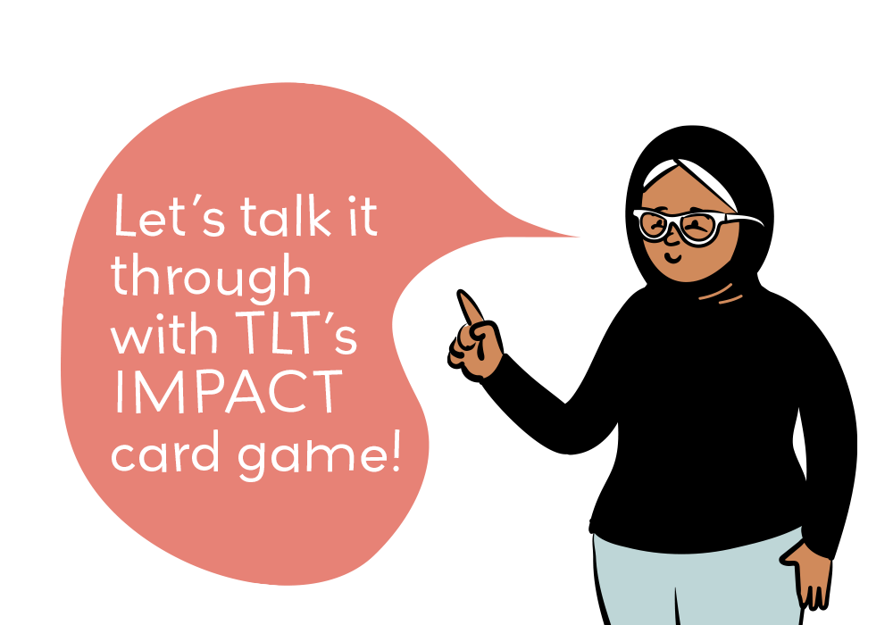 IMPACTRight A female character suggests in a speech bubble talking through these topics with IMPACT